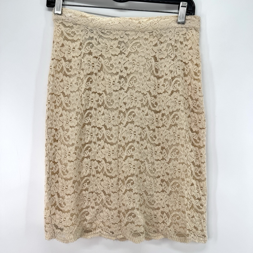 Vintage 90s Y2K Pencil Skirt Women Size 6 Ivory Lace Floral Scalloped Coquette